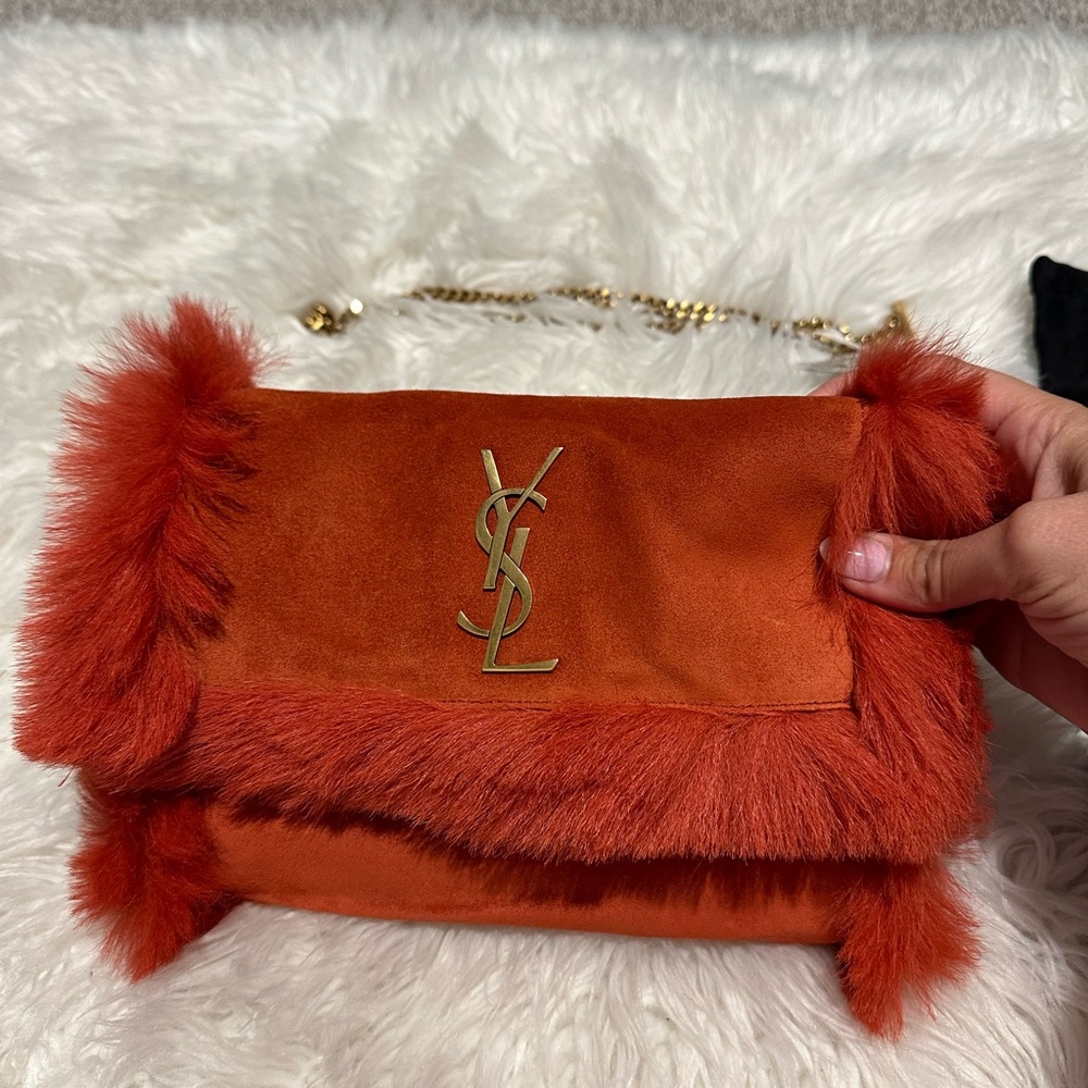 NWT SAINT LAURENT Kate Small Reversible Shoulder Clutch YSL Bag Suede Shearling